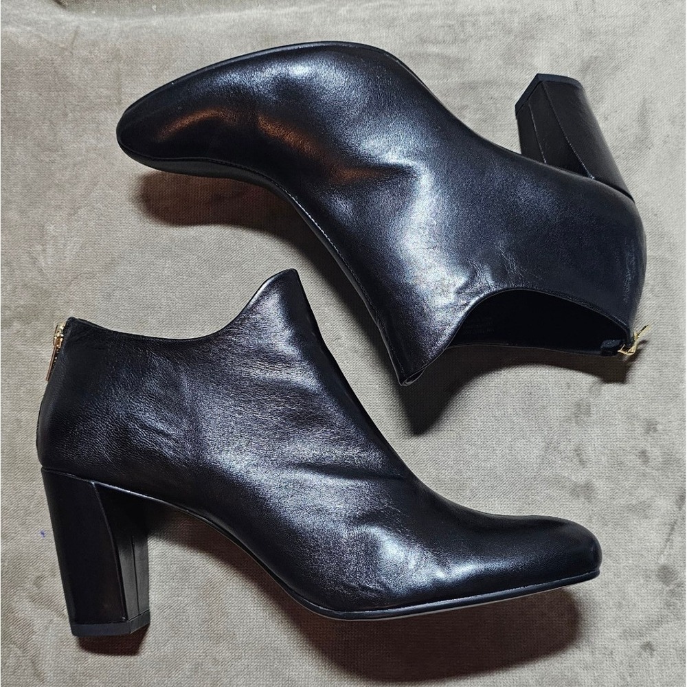 Aerosoles Trustworthy Black Leather Ankle Boots Block Heel Gold Zip Womens 11M